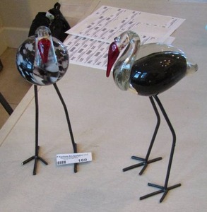 lot 180 image: BLOWN GLASS MURANO STYLE  BIRDS - METAL LEGS  W WHITE BLACK & REDS   QTY 2