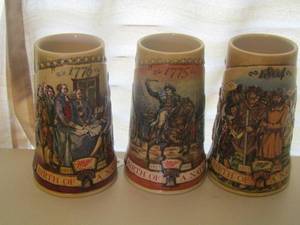 lot 61 image: Birth of a Native Steins- dates include 1775-1804-1776 qty 3   MILLER HIGH LIFE