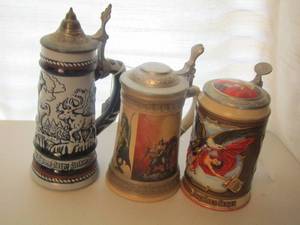 lot 98 image: STEINS-  AVON, BUDWEISER  -  PEWTER LIDS QTY 3