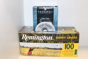 lot 15 image: Ammunition Remington 12GA Sport Loads 1 box of 100, and Federal Ammunition 12GA Target Load, 1 box of 12