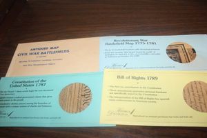 lot 57 image: Vintage Revolutionary war Battlefield Map, Constitution of the United States 1787, Bill of Rights 1789, Antiqued Civil War Battlefields