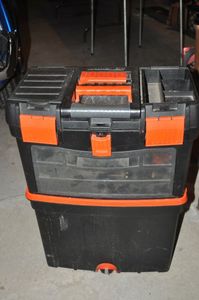 lot 314 image: Black and Decker Two Tier Rolling Tool Box with Contents  See Photos