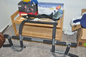 lot 163 image: Door Jam Pull-up bar, Balance Ball, Weighted Jump Rope and More, Small Shelf Included