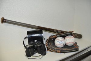 lot 183 image: Softball Bat, Glove, Two Softballs and Vintage Binoculars