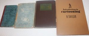 lot 66 image: Vintage Books Introduction to Cartooning Copyright 1947,  Elementary Spellingbook Copyright 1908, North American Almanac Copyright 1922,  and Mathematical Tables from Handbook of Chemistry and Physics Copyright 1946