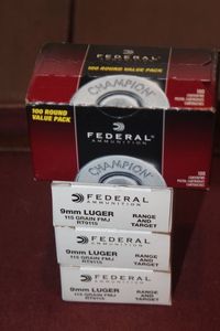 lot 372 image: Four Boxes of 9mm Ammo, 3 boxes are 50 roundsper box 115 grain, 1 box is 100 roundsper 115 grain