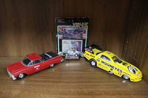 lot 30 image: Racing Champions Kenji Okazaki Mooneyes 124 the top comes of a few parts are loss in it  and 124 SCALE VINTAGE 1959 CHEVY EL CAMINO WIX FILTERS RED ERTL DIECAST BANK missing bottom and world of outlaws car #45