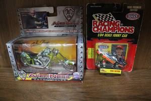 lot 32 image: Arlen Ness Motorcycles 118 Scale Die Cast Motorcycle Iron Legends Green and racing champion 164 scale funny car  1996 edition