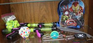 lot 63 image: Previously loved toys 2 shooter guns with extra bag of balls and marvel backpack and much more see pictures