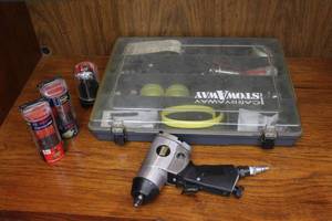 lot 70 image: Central pneumatic air impact wrench 90 psi max and bits and box full of things see pictures