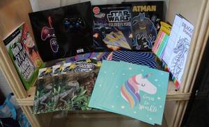 lot 77 image: Lot of folders and books and highlighters Batman folder gaming folders drastic park folders Star wars folded flyers dragon drawing book and more see pictures