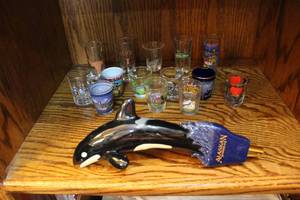lot 117 image: beer tap and shoot glasses the beer tap has a small chip on nose