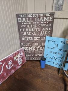 lot 289 image: Misc canvas pictures, Take me out to the Ballgame, metal travel mug wlid