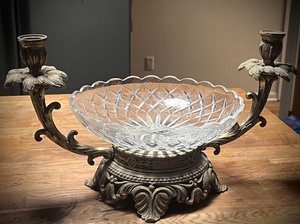 lot 30 image: Antique Glass Bowl WBrass Candlabra Base