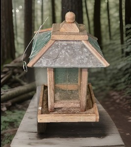 lot 84 image: Vintage Wooden Bird Feeder WTin Roof
