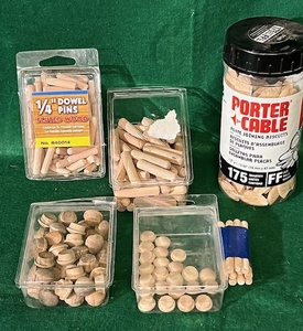 lot 99 image: One (1) Bottle of Porter-Cable Plate Joining Biscuits &amp Four Containers Of Wooden Dowells and Caps