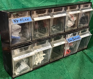 lot 37 image: Bench Top Storage Rack W Ten (10) Bins - Contents Included