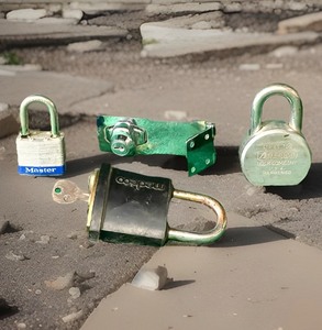 lot 169 image: Medeco Padlock &amp Key &amp Three (3) Other Locks