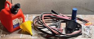lot 247 image: Auto Necessities- Including Gas Can, Jumper Cables, Two (2) Funnels, Bungee Cords, &amp Flashlight