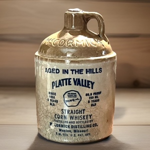 lot 221 image: Vintage Corked Jug of Platte Valley for Straight Corn Whiskey - McCormick Distilling Company