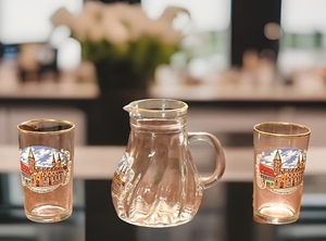 lot 270 image: Two (2) Gold Rimmed Kaiserlautern, Germany Souvenir Glasses &amp One (1) Syrup Pitcher