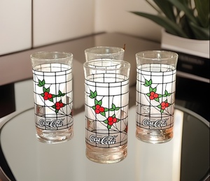 lot 285 image: Vintage Libbey EnjoyCoca-Cola Christmas Holly Berry Frosted Stained Glass Drinking Set Of 4