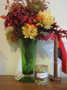 lot 107 image: Green floral vase with wax flowers, candle and more