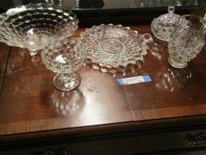 lot 83 image: Fruit bowl, wine glass, platter, pitcher, covered sugar dish