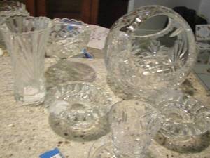 lot 44 image: vases, handled crystal basket, candle stands and more