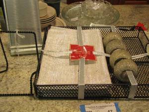 lot 47 image: table place mats, napkin ring holders, plate stand and desk organizer