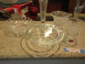 lot 26 image: tall skinny vase, 2 candle stands,  2 small bowls