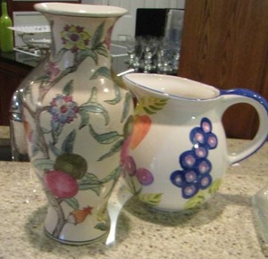 lot 54 image: handled fruit design pitcher, floral vase