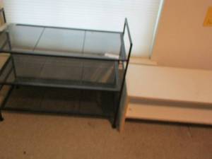 lot 200 image: 3 tier black metal shelf,   2 tier white wooden shelf