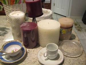 lot 255 image: Candles, Candle stand, Mini handled cups and mini plates