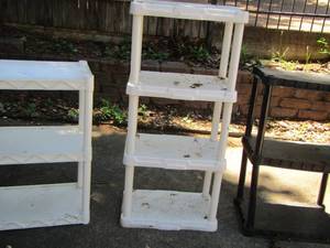lot 287 image: 2 tier white plastic shelf,    3 tier white plastic shelf,     2 tier black plastic shelf