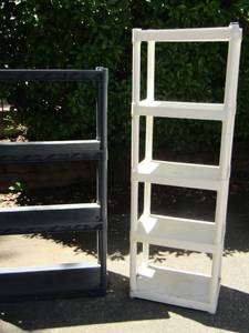 lot 288 image: white 4 tier plastic shelf,  &   black 3 tier plastic shelf
