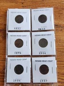 lot 8 image: Selection of Indian Head Cents - 1882, 1883, 1896, 1904, 1906, and 1907