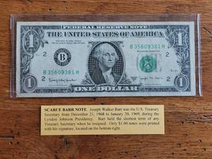 lot 131 image: 1963 B -  Scarce Joseph Barr $1 bill