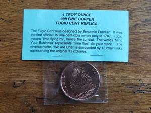 lot 31 image: 1 Troy ounce .999 fine copper medallion - Fugio Cent