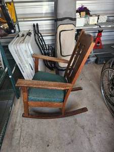 lot 75 image: Vintage wooden rocking chair with cushioned  seat
