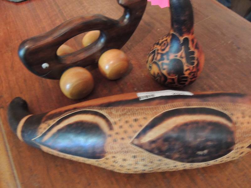 lot 201 image: 2 Carved Inked Gourds and Wooden W...
