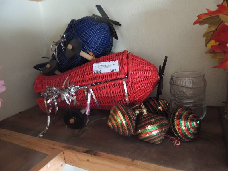 lot 308 image: Snowman jars and  2 wicker airplane...