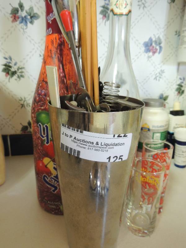 lot 125 image: wine bottles, shot glasses ,mixing ...