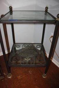 lot 14 image: 2 Tiered glass top end table with metal frame - 18 x 19 x 29