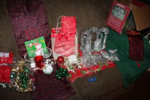 lot 42 image: Christmas dcor Silver manger scene, table covers, gift bows