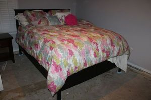 lot 45 image: Hemnes FullQueen size bed frame and bedding, see photos