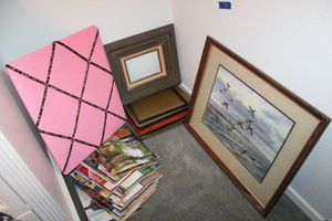 lot 58 image: Wall art and frames, pink photo board, magazines