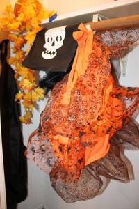 lot 76 image: Halloween and Fall decorations includes witch hat and apron, see photos