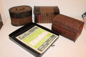 lot 81 image: Wicker storage boxes, photo album and refill pages for scrapbooks