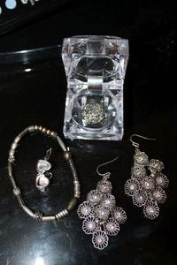 lot 107 image: Jewelry Filigree earrings, charm locket bead, and stretch bracelet